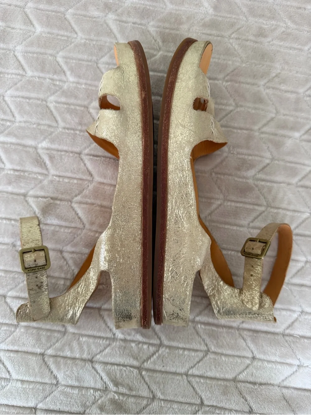 Kork-Ease Metallic Gold Leather Strappy Wedge Sandals